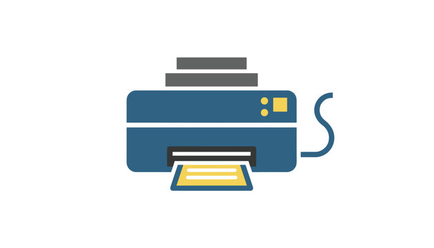 Office printer icon designed in flat style with blue, grey, and yellow colors isolated on a white background.