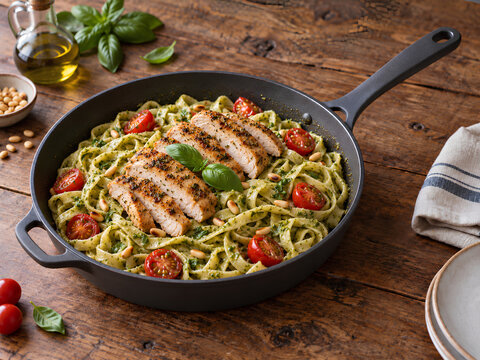 Grilled Chicken Pesto Pasta with Cherry Tomatoes and Basil