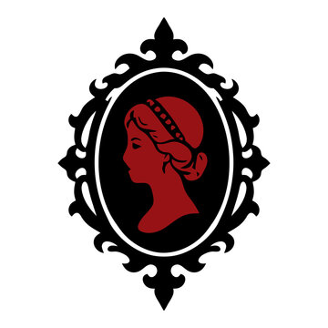 Victorian cameo brooch with a braided lady portrait on black in an ornate frame, black and red gothic vector icon for vintage jewelry and sticker designs.