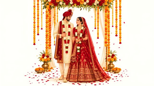 Traditional Indian wedding couple standing under decorated floral mandap stage wearing varmala garlands with marigold decor