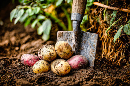 A spade is used to turn the soil as potatoes are collected from the ground in a garden setting. The scene shows fresh vegetables being harvested