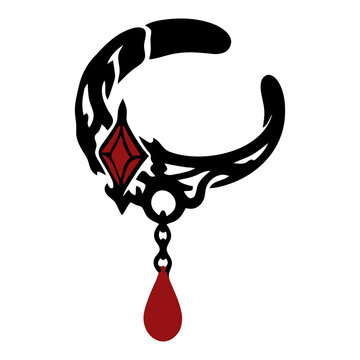 Gothic crescent ear cuff with a red gem and a hanging blood drop, black and red vector icon for celestial jewelry, lunar witch charm and sticker designs.