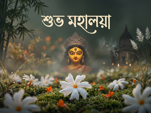Goddess durga idol surrounded by white flowers for mahalaya festival