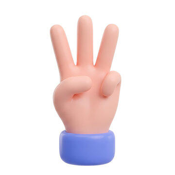 3d cartoon hand showing three fingers number sign isolated on white background, illustration