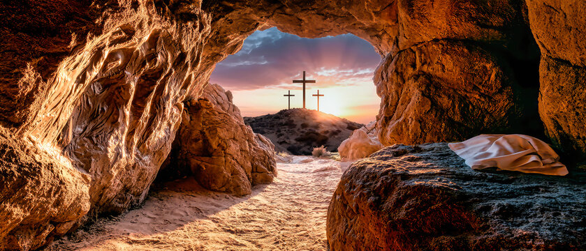 Inside a cave, three crosses stand on a hill at sunset. Warm rocks and sandy ground surround a white cloth resting nearby, lit by golden sunlight
