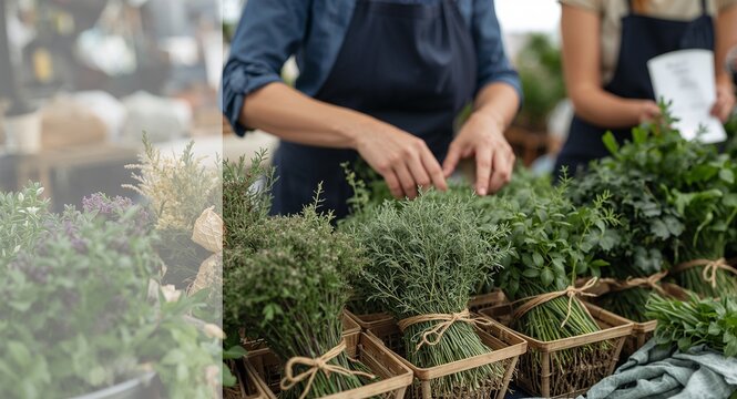 Local herb growers conducting masterclass selling herbs bundles tied with twine at artisan market stall fostering farm to table culinary connections, with copy space on the left