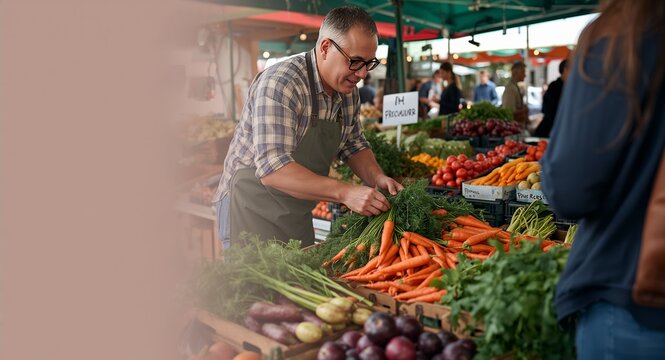 Farmer sorting freshly harvested organic carrots into boxes at produce stand while customers browse seasonal vegetables in vibrant outdoor market scene with copy space on the left