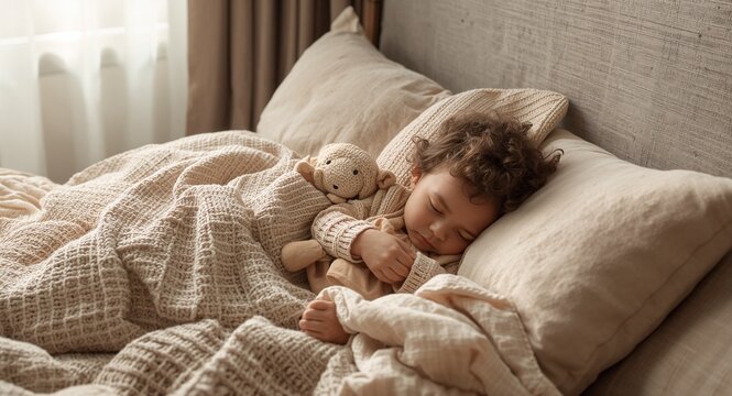 Child cuddles plush toy in cozy morning bed nestling under layered blankets and soft pillows as daylight peeks through curtains with copy space on the left