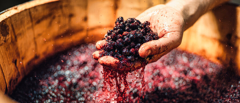 A hand holds crushed grapes while juice flows into an oak barrel filled with grape must. This captures the winemaking process in a winery setting