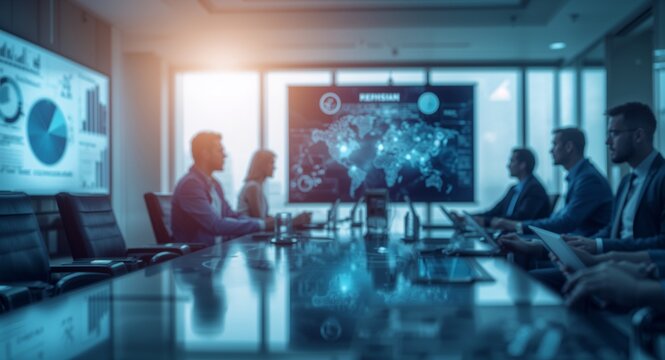 Analysis of global export policy impact on domestic manufacturing shown through charts and stakeholder discussion in corporate boardroom emphasizing regulatory changes and economic implications