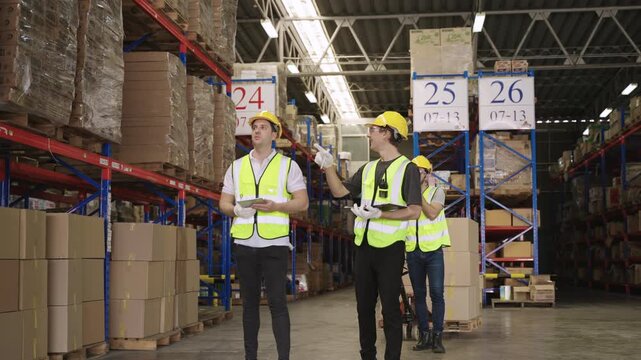 Teamwork of men warehouse workers in yellow helmets holding a tablet, working, talking, discussing, planning, inventory, moving cardboard boxes by hand pallet truck in logistics distribution factory. 