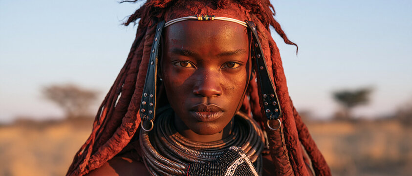 A captivating and authentic close-up portrait of a Himba woman from Namibia, adorned with traditional red ochre paste (otjize) on her skin and intricate dreadlocks, wearing cultural jewelry