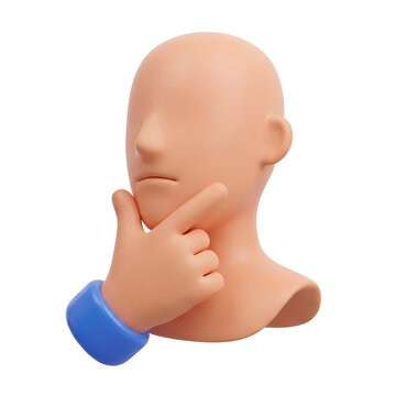 3d render of a bald person thinking with hand on chin isolated on white background, illustration