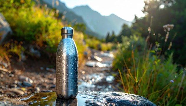 Stainless steel reusable water bottle resting on rocks with misty mountains backdrop