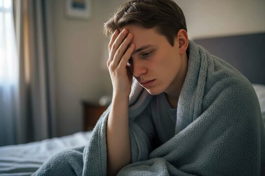 Depression and Mental Fatigue: Exhausted Young Man Sitting on Bed Wrapped in Blanket Holding Head in Hand