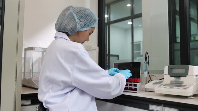 Female scientist working with blood samples in a laboratory, analyzing blood samples in test tubes for medical research in a lab.