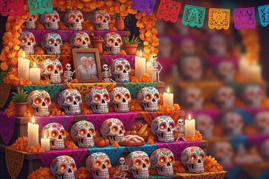 Day of the Dead Altar and Mexican Tradition: Sugar Skulls Marigolds Candles and Papel Picado on Ofrenda