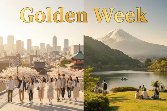 Japan Spring Travel and Golden Week Holiday: Tourists Enjoying Cherry Blossoms with Mount Fuji and Tokyo Skyline