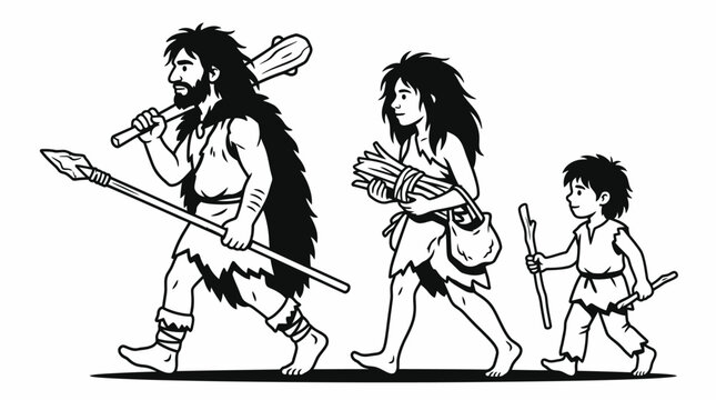 Caveman family walking in prehistoric stone age line art style