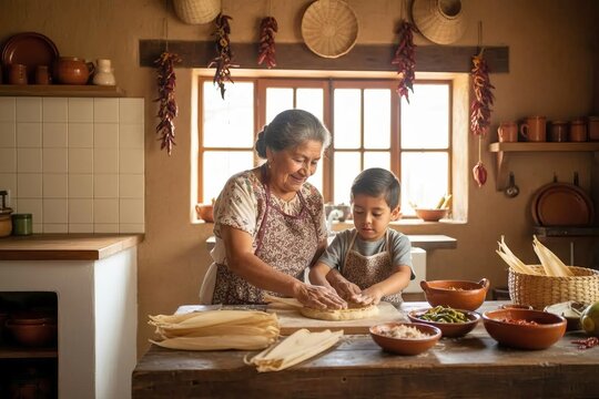 Intergenerational Family Tradition and Hispanic Heritage: Grandmother Teaching Young Boy to Make Tamales in Rustic Kitchen