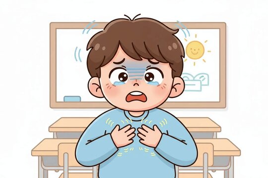 Childhood Anxiety and Asthma Attack: Scared Boy Clutching Chest in Classroom