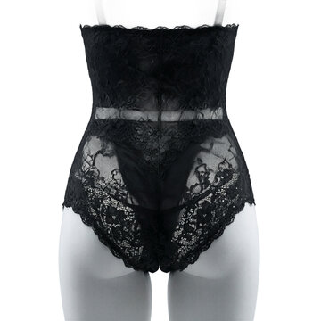 Black lace lingerie briefs featuring floral waistband and sheer seat panel isolated on a transparent background for fashion retail