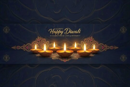 Happy Diwali Festival of Lights: Illuminated Oil Diya Lamps with Decorative Rangoli Pattern on Dark Blue Banner