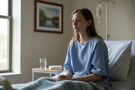 Patient Care and Hospitalization: Young Woman Sitting on Hospital Bed Looking Out Window