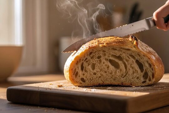 Freshly Baked Artisan Sourdough Bread: Hand Slicing Warm Steaming Loaf with Serrated Bread Knife on Wooden Cutting Board