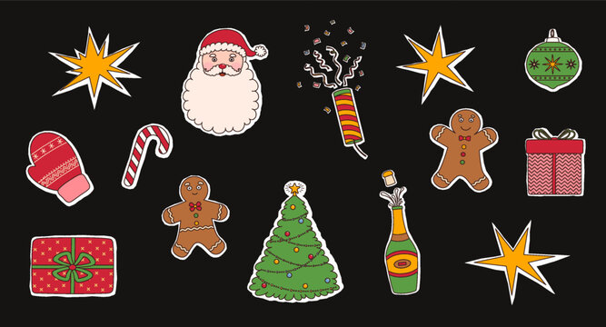 Set of festive Christmas and New Year decorations. Decorative elements including gifts, stars, ornaments, party poppers, champagne, gingerbread and candy canes.