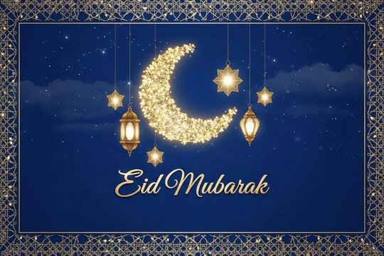 Islamic Celebration and Eid Greeting: Glowing Crescent Moon, Hanging Lanterns, and Stars with Eid Mubarak Text