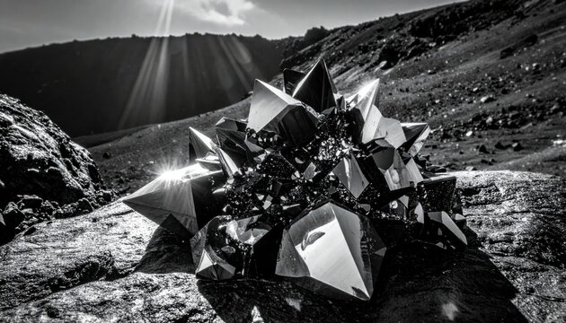 Striking dark crystalline mineral formation with sharp facets resting on rocky ground