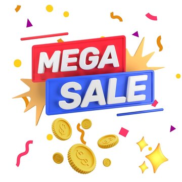 Vibrant mega sale banner featuring confetti, coins, and celebratory elements for promotional use.