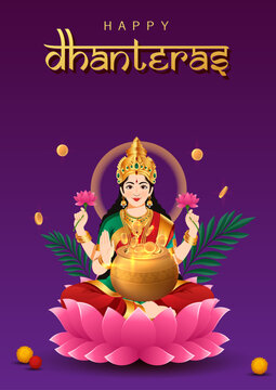 Dhanteras Festival Illustration of Goddess Lakshmi Seated on Lotus with Golden Pot and Traditional Decorations