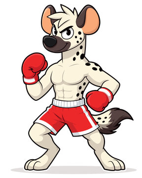 Strong Cartoon Hyena Boxer in Red Boxing Gloves and Shorts