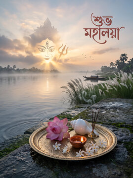 Mahalaya Religious ritual offering with lotus and oil lamp by a river
