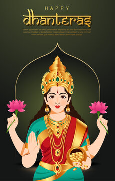 Dhanteras Festival Illustration Featuring Goddess Lakshmi Holding Lotus Flowers in Traditional Indian Attire