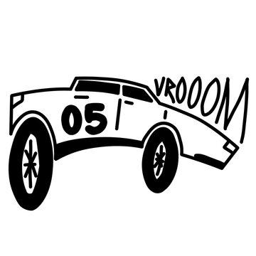 Bold black doodle race car with number 051 and VROOM text, dynamic speed design