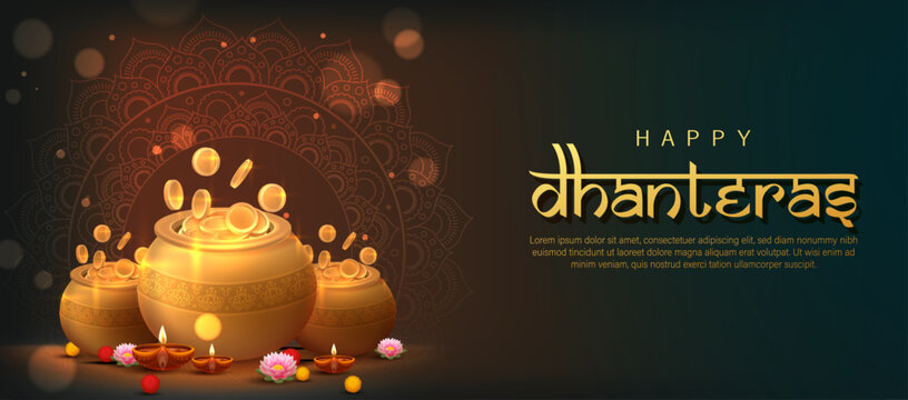 Happy Dhanteras Festival Banner with Glowing Golden Pots, Oil Lamps, Flowers and Traditional Mandala Decoration