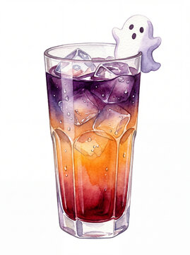 Halloween cocktail watercolor illustration with ghost garnish in a layered purple and orange iced drink, perfect for spooky autumn party menu designs and festive bar flyers