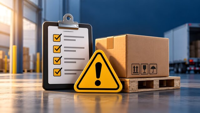 3D render cardboard box on pallet with clipboard checklist and warning triangle in warehouse, representing logistics supply chain risk, shipping damage, inventory audit and delivery delay