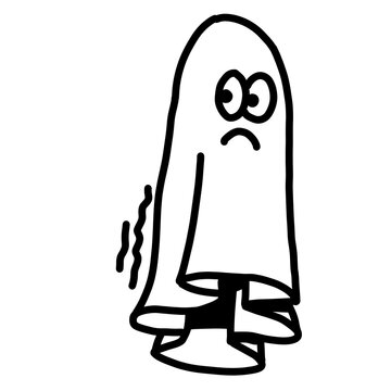 Spooky shy ghost character, sad uneasy eyes, retro hand-drawn monochrome line art