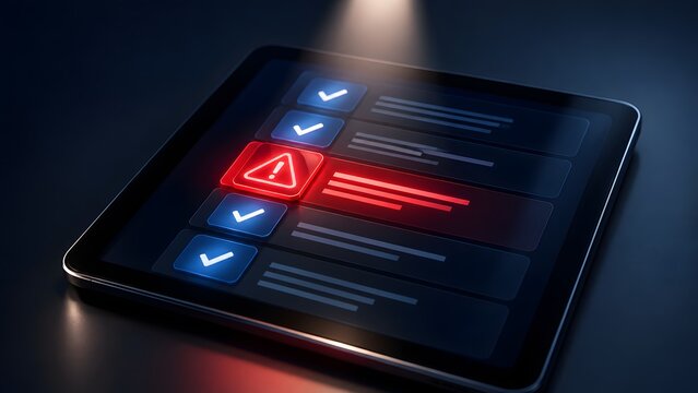 3D render digital tablet screen displaying checklist with highlighted red warning anomaly among blue checkmarks representing software bug and failed audit