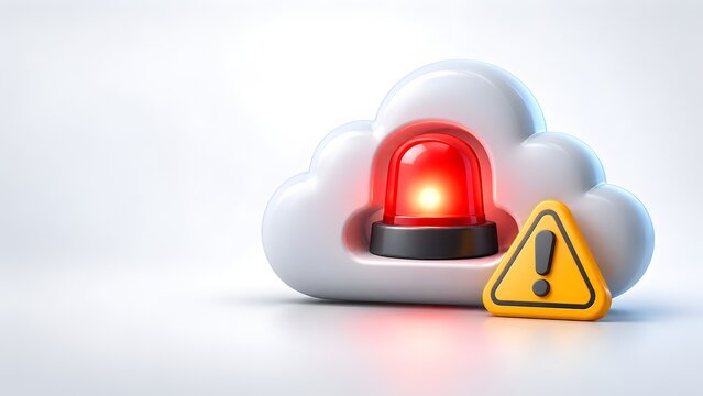3D render cloud computing symbol with red alarm siren and yellow warning triangle representing cybersecurity threat data breach and server downtime alert