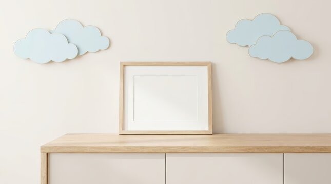 Blank square picture frame on a wooden shelf with clouds on the wall.
