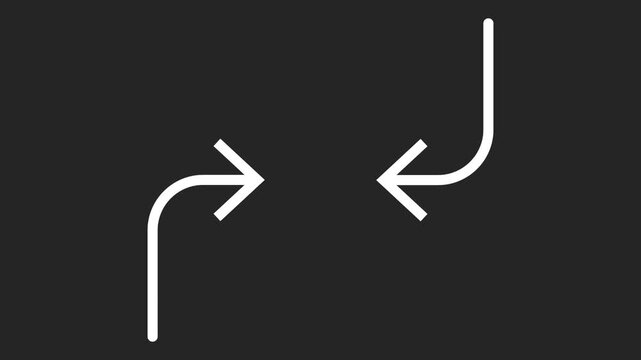 Two white arrows curve to meet at a central point. One points right, the other left. Simple lines form a clear directional symbol. Clean design contrasts with dark background