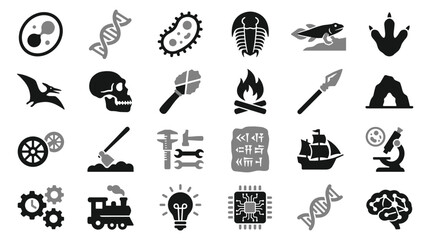 Evolution and History Timeline Icons Set Showing Human Progress and Scientific Development © Iconique Studio