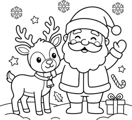 Fototapeta premium Cute santa claus and his reindeer friend smiling together, holiday line art coloring page