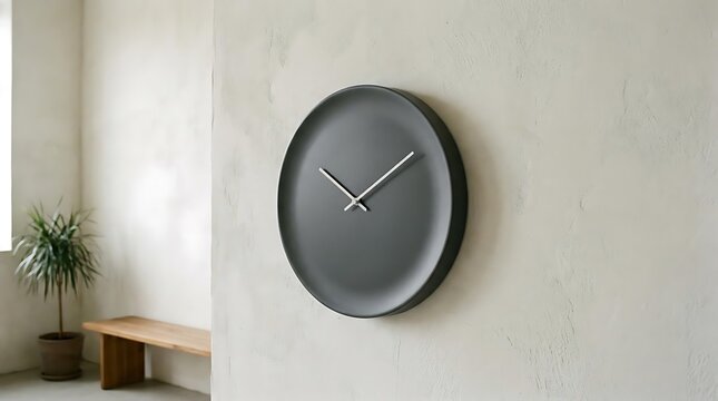 Minimalist black round wall clock in modern interior.
