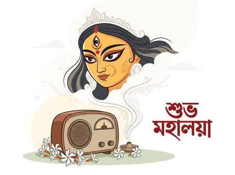 Durga face and vintage radio for mahalaya festival